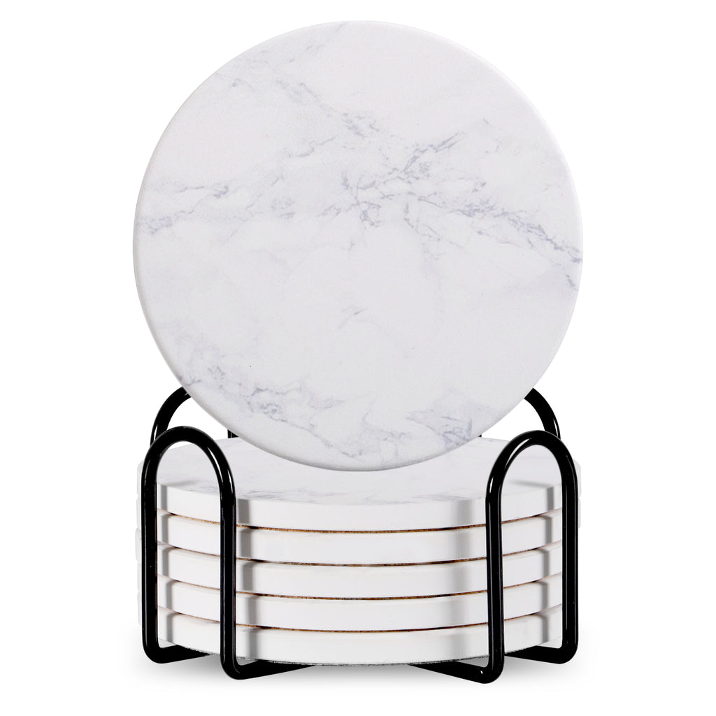 Set Of 6 Beverage Coasters With Stand Round 4in Ceramic Coaster With Metal Stand Absorbent Marble Stone Coaster With Cork Base