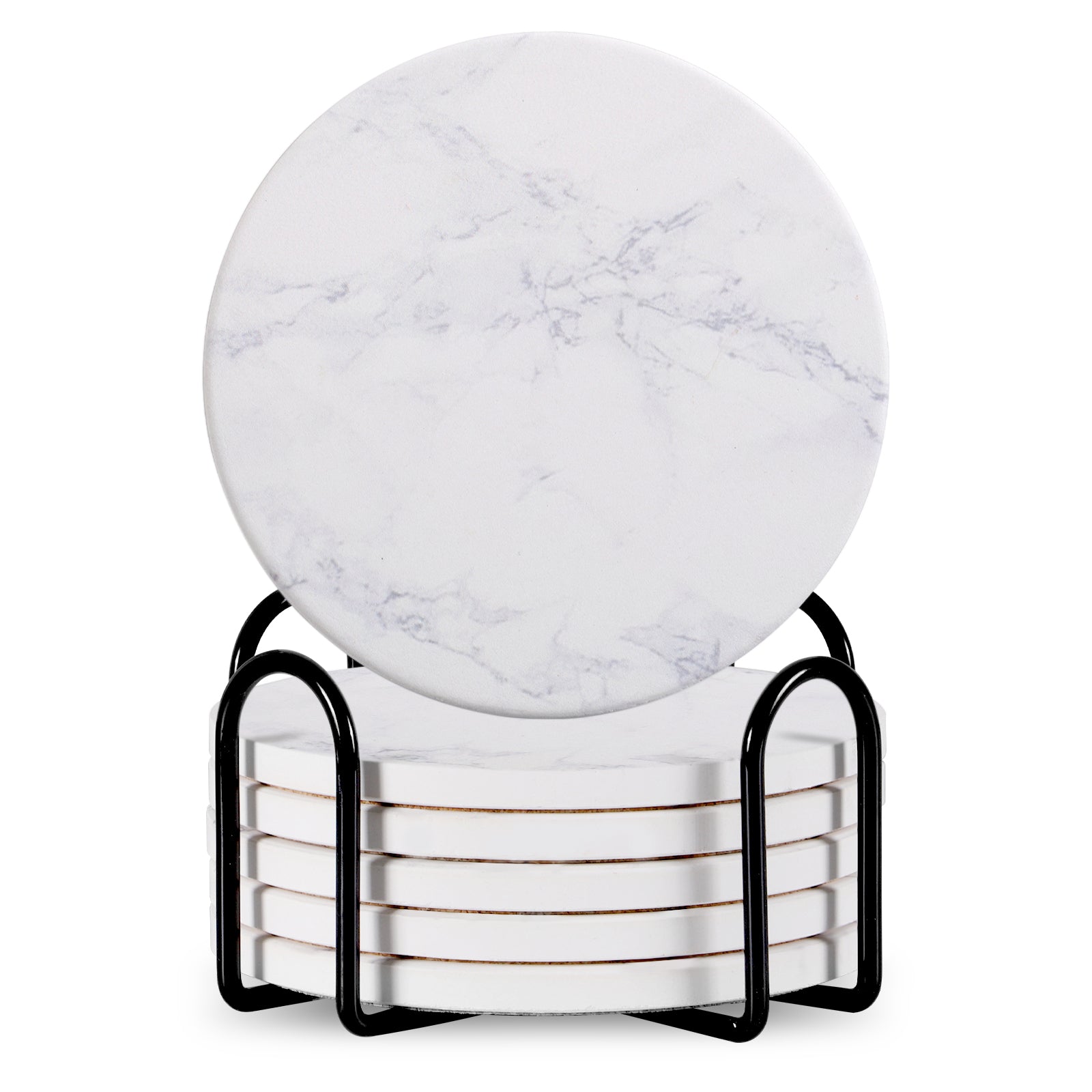 Set Of 6 Beverage Coasters With Stand Round 4in Ceramic Coaster With Metal Stand Absorbent Marble Stone Coaster With Cork Base