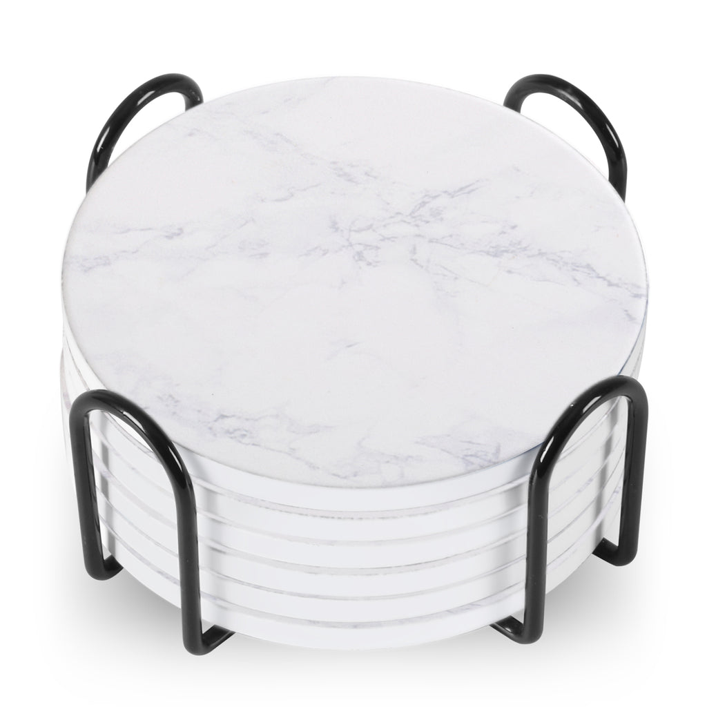Set Of 6 Beverage Coasters With Stand Round 4in Ceramic Coaster With Metal Stand Absorbent Marble Stone Coaster With Cork Base