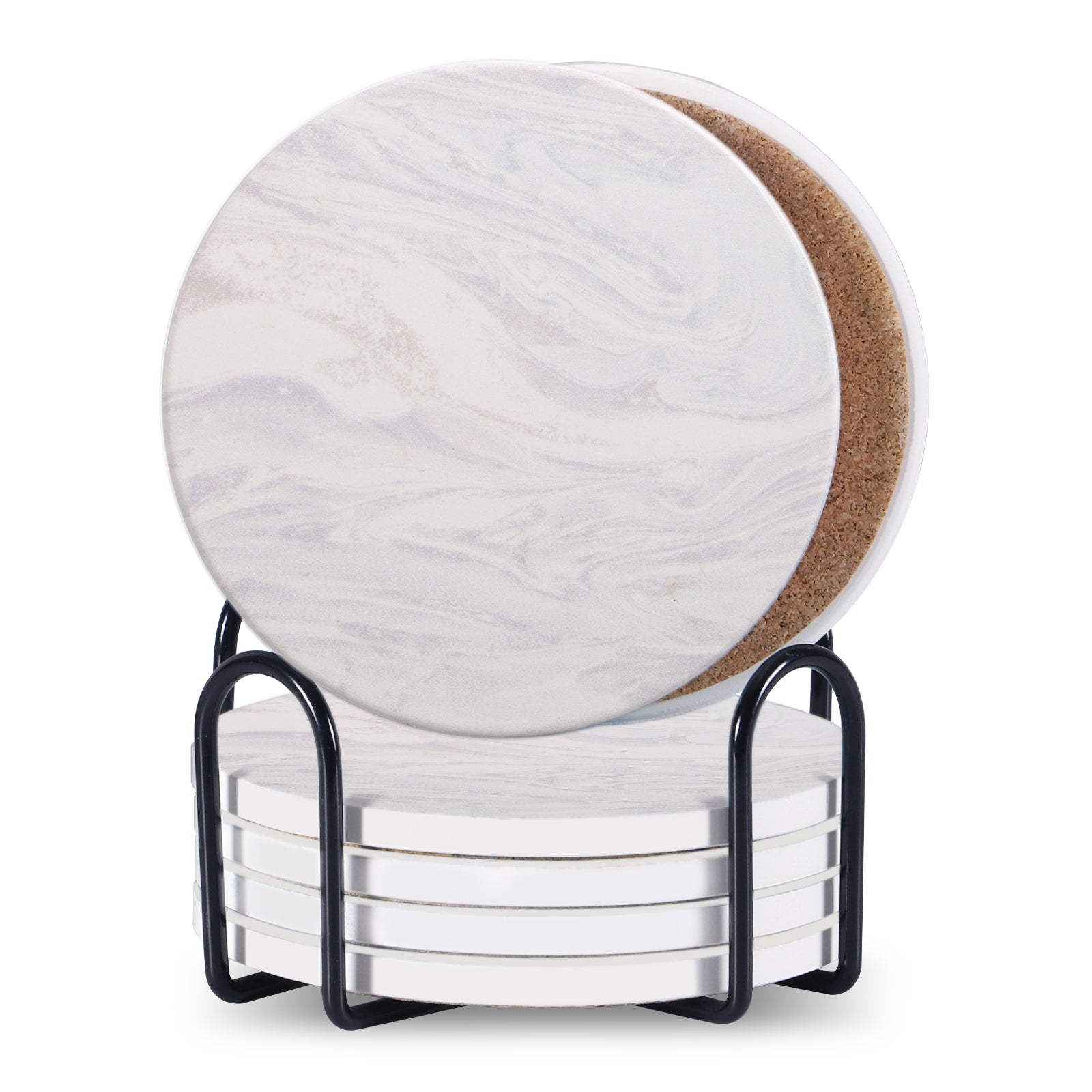 Set Of 6 Beverage Coasters With Stand Round 4in Ceramic Coaster With Metal Stand Absorbent Marble Stone Coaster With Cork Base